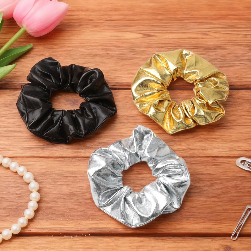 LUSTRIB 6 Pcs Hair Scrunchies, Shiny PU Leather Hair Ties for Women & Girls, Elastic Glam Hair Accessories for Cheerleading Teen Girls College Sports Ponytail & Daily Use, Gold, Silver, Black - Image 3